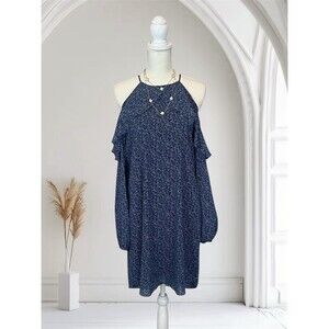 Michael Kors Cold Shoulder  Blue Floral Ruffle Dress Size  Medium